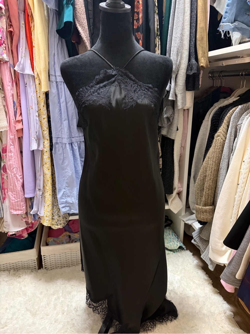 ZARA NEW WOMAN HALTER ASYMMETRIC ZW COLL. SATIN LACE DRESS BLACK 5919/201/800 - Picture 11 of 16
